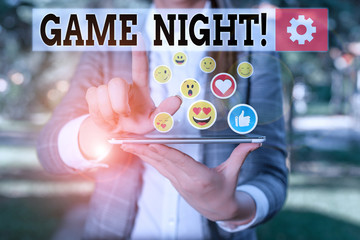 Word writing text Game Night. Business photo showcasing usually its called on adult play dates like...