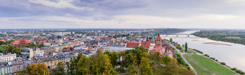Sightseeing of Poland. Cityscape of Grudziadz, wide panoramic view of the city and Wisla river