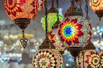 Traditional old turkish lamp. Oriental lamp from pieces of multi-colored glass.