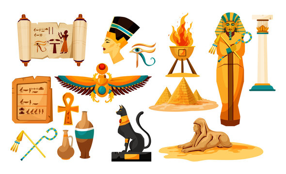 Set of isolated egyptian or Egypt symbols or icon.