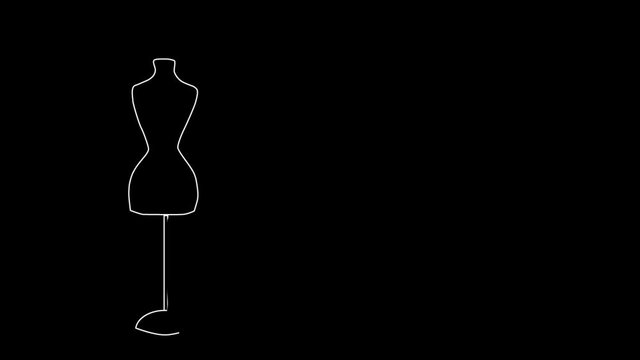 Self drawing line art sketch of fashion dummy with elegant clothes, undergarment. Line art, copy space, animation. Black background. Fashion concept.