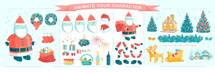 Fototapeta na wymiar Santa Character Creation Set with Christmas Items.