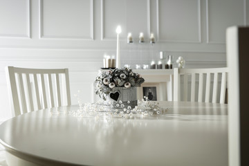 White wooden table of free space and christmas time. 
