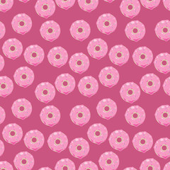 Seamless positive color pattern with sweet pink donuts with icing and topping on a dark pink background.