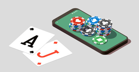 isometric illustration Blackjack in Online casino mobile phone app. Banner with Twenty-One and roulette Banner Online Casino isometric mobile phone app roulette and Blackjack Twenty-One Jackpot poster