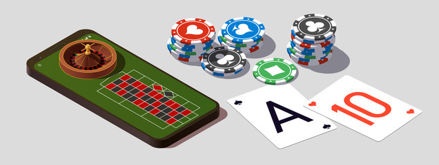 isometric illustration Blackjack in Online casino mobile phone app. Banner with Twenty-One and roulette Banner Online Casino isometric mobile phone app roulette and Blackjack Twenty-One Jackpot poster