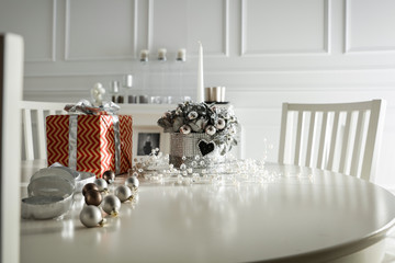 White wooden table of free space and christmas time. 