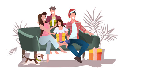 happy family with gift boxes sitting on sofa merry christmas new year holiday celebration concept full length horizontal vector illustration