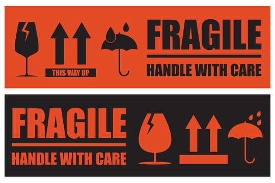 Fragile, Handle with Care or Package Label stickers set. Orange and black colour set. Banner format.