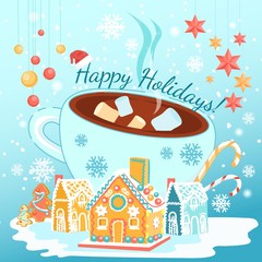 Happy Holidays Greeting Inscription and Cacao Mug.