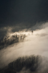 church bell tower in fog illuminated by the sun