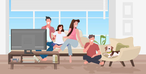 happy family watching tv parents and children with dog spending time together modern living room interior full length horizontal vector illustration