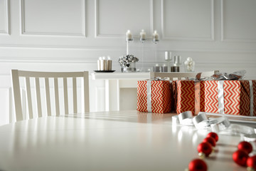 White wooden table of free space and christmas time. 