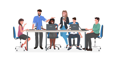 mix race businesspeople team sitting at round table discussing and drinking coffe during conference meeting teamwork concept full length horizontal vector illustration