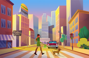 Obraz na płótnie Canvas Pedestrian crosses city street flat vector illustration. Cartoon young woman with dog pet crossing road at zebra crosswalk, panoramic downtown urban cityscape, modern building skyscrapers background
