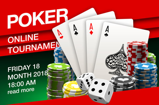 illustration Online Poker casino banner with playing cards on red surface table. Marketing Luxury Banner big win Jackpot Online Casino with red background. Advertising poster playing cards