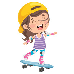 Happy Little Child Skateboarding Outside