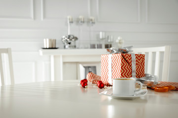 White wooden table of free space and christmas time. 