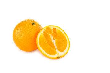 fresh juicy organic whole and cut orange isolated on white