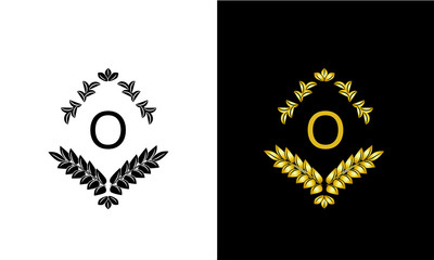 Design of magnificent ancient monogram. Decorative ornament on dark and light background with letter O. Gold and black pattern of brand, business sign, restaurant, boutique, hotel, emblem, jewelry.
