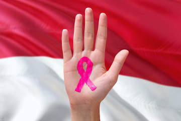 Monaco awareness concept. Close-up awareness ribbon painted on palm on national flag background. October Pink day and world cancer day.