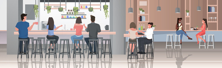 people sitting on stools at bar counter desk mix race visitors discussing during meeting spending time in cafetria modern restaurant interior horizontal full length vector illustration