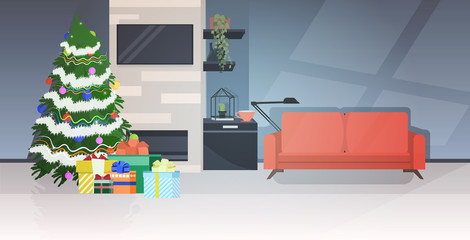 modern living room with fir tree decorated for christmas holidays celebration concept horizontal home apartment interior horizontal vector illustration