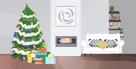 modern living room with fireplace fir tree decorated for christmas holidays celebration concept horizontal home apartment interior vector illustration