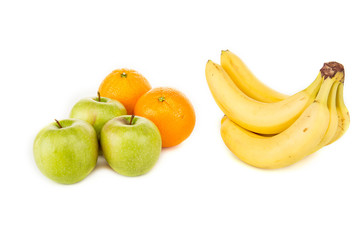 Fototapeta na wymiar ripe bananas, oranges and green apples isolated on white