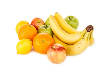 Fototapeta na wymiar ripe bananas, lemons, oranges and green apples isolated on white