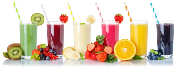 Foto op Plexiglas Set van fruit smoothies vruchten sinaasappelsap drinken stro in glas geïsoleerd op wit © Markus Mainka