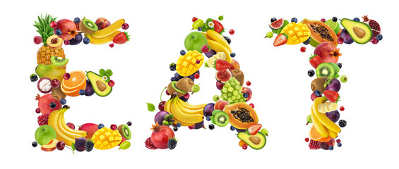 Word EAT made of different fruits and berries