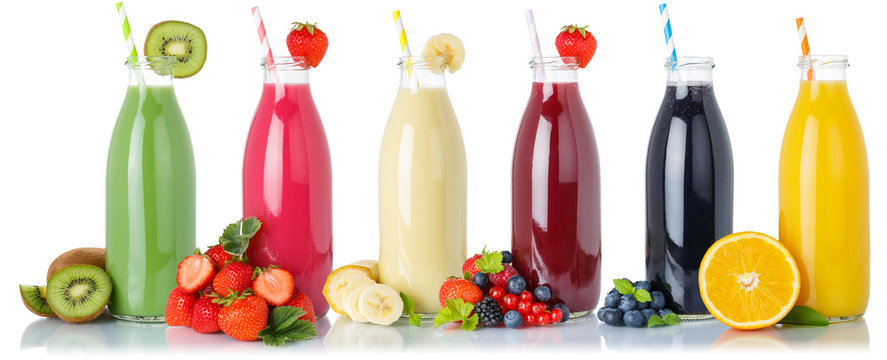 Set of fruit smoothies fruits orange juice drink straw in a bottle isolated on white
