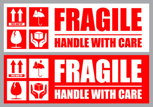 Fragile, Handle with Care or Package Label stickers set. Red and white colour set. Banner format.