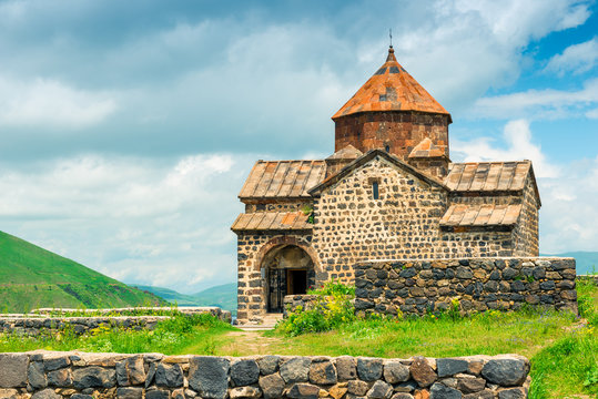 Orthodox monastery Sevanavank on the shores of Lake Sevan, a landmark in Armenia