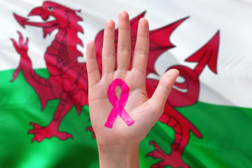 Wales awareness concept. Close-up awareness ribbon painted on palm on national flag background. October Pink day and world cancer day.
