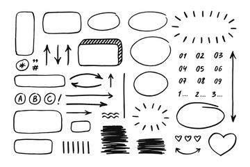 Set of hand drawn elements. Arrows, lines, bubbles, hearts, numbers, frames, rays and others.
