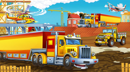 Plakat cartoon scene with industry cars on construction site and flying helicopter - illustration for children