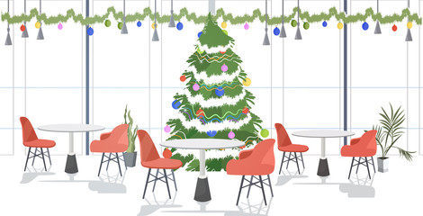 restaurant decorated for merry christmas and happy new year holidays celebration modern cafe interior horizontal vector illustration