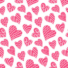 Romantic seamless pattern with cute images of hearts with hand drawn texture. The style of children's drawing.