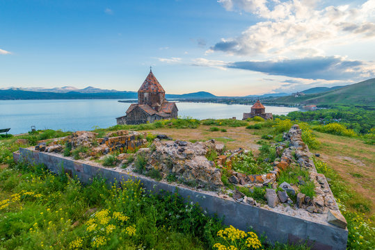 The ruins and walls of the ancient Christian monastery of Sevanavank on Lake Sevan Armenia sight