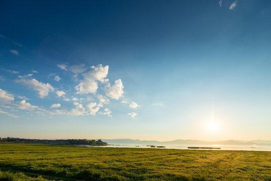 Sevan lake in the rays of the rising sun, the picturesque landscape of Armenia natural attraction