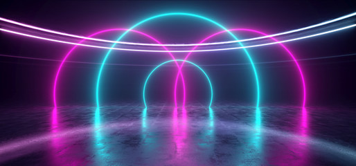 Sci Fi Alien Ship Oval Circle Gallery Garage Room Glowing  Phantom Purple Blue Concrete Reflective Floor Vibrant Beams Club Dark Night Stage Podium 3D Rendering