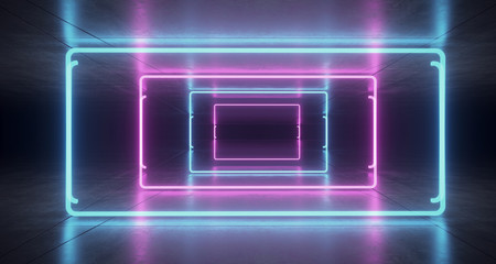 Neon Phantom Blue Purple Glowing Led Laser Light Rectangle in Concrete Dark Grunge Reflective Room Corridor Cyber Tunnel Garage Empty Space 3D Rendering