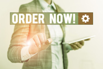 Conceptual hand writing showing Order Now. Concept meaning confirmed request by one party to another to buy sell Business concept with mobile phone and business woman