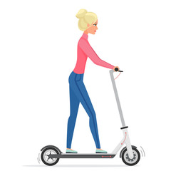 Woman on electric scooter flat vector illustration. Female cartoon character riding eco friendly city vehicle. Blonde girl using urban personal transporter. Person on e-scooter isolated on white