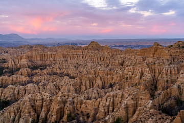 Stormy badlands landscape in Purullena. Guadix region. Province of Granada. Andalusia. South Spain