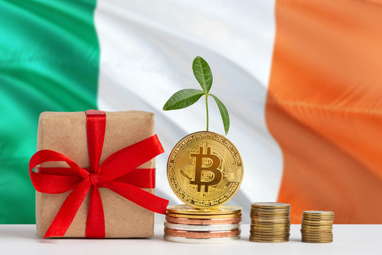 Ireland investing concept. Golden bitcoin piles next to gift box and green plant. National flag theme about savings with copy space. - Powered by Adobe
