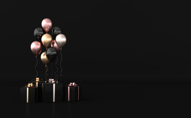 3d render illustration of realistic glossy colorful balloons and gift box with ribbon bow on black background. Empty space for birthday, party, promotion social media banners, posters. © Meranna