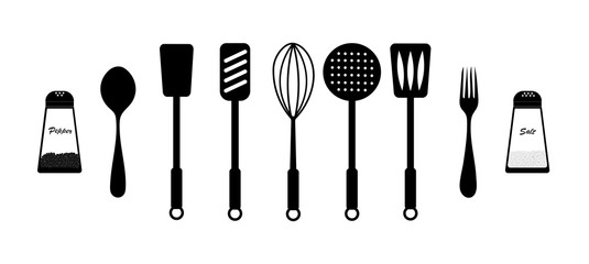  Kitchen cutlery isolated, black accessories and supplies on a white background. vector. illustration